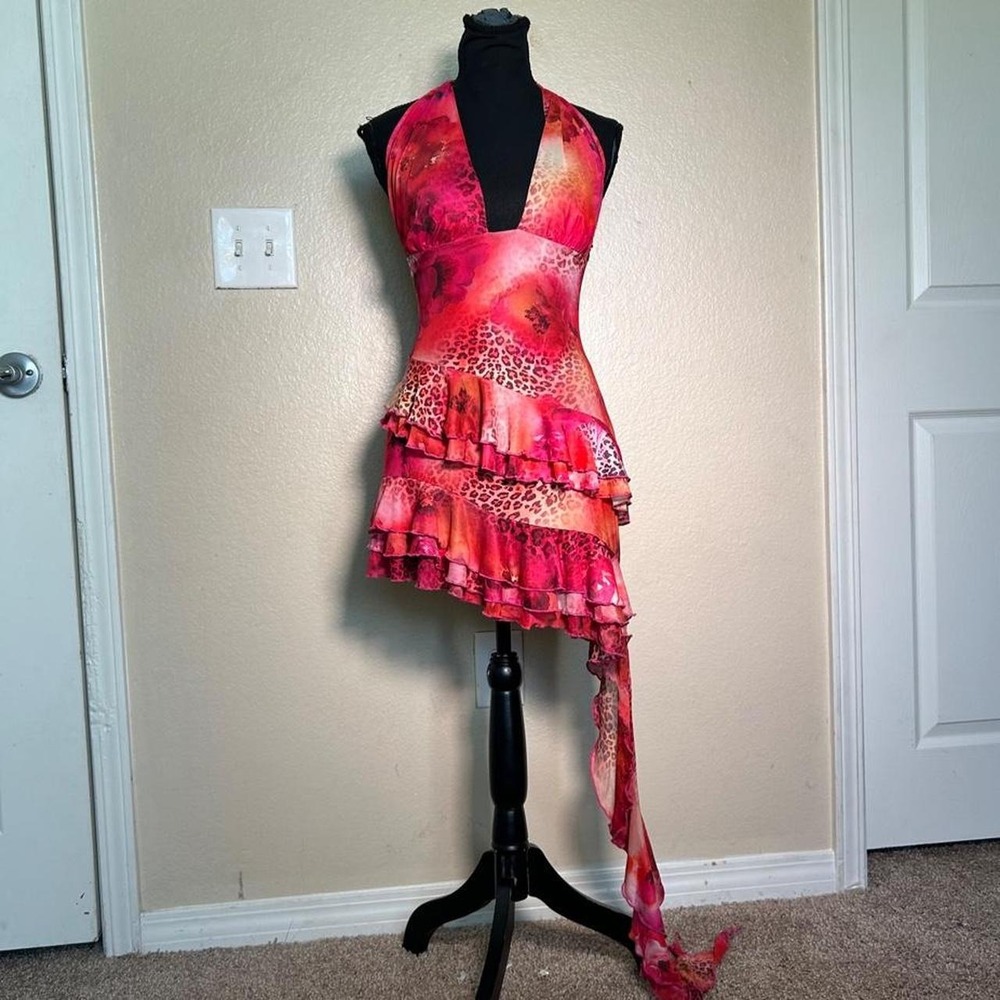 Lovely Day Animal Print Halter Mini Dress Ruffle Pink Orange Y2K Large